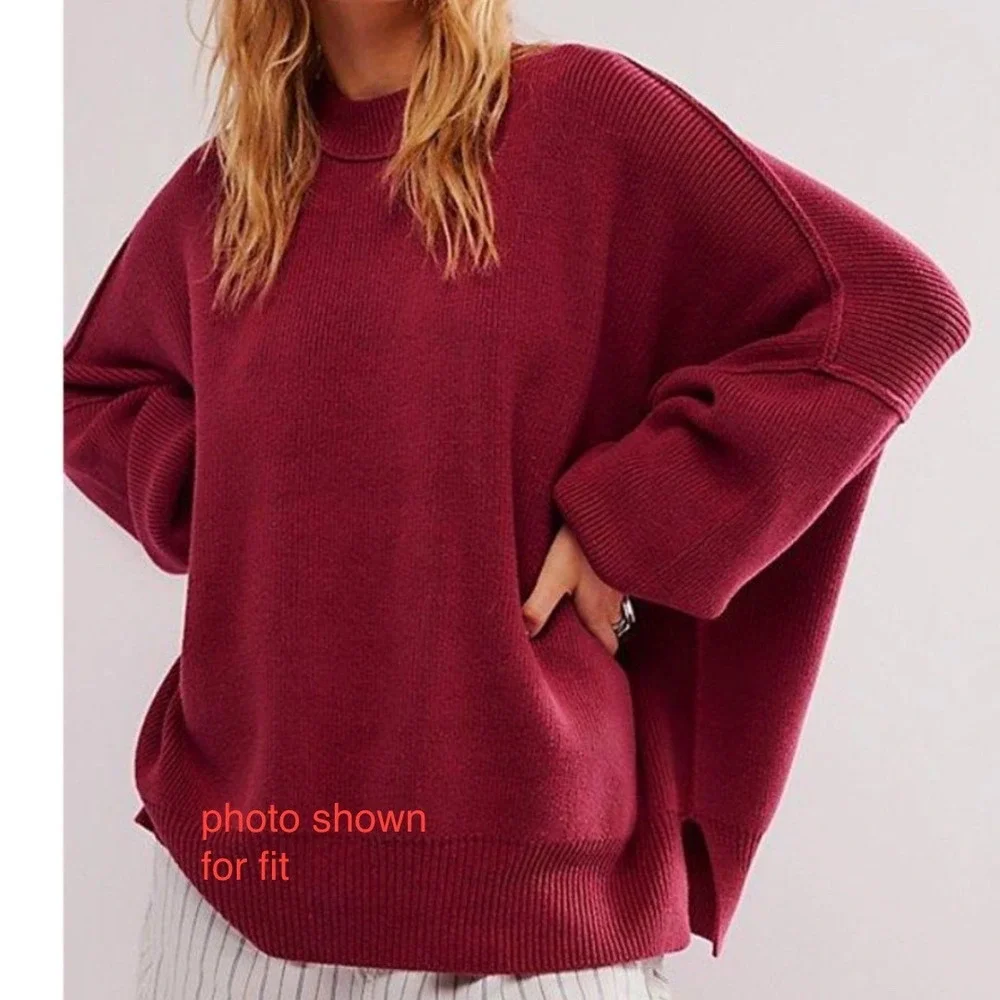 Free People Oversized Mock Neck Ribbed Sweater Berry Magenta Dolman Sleeve S/P